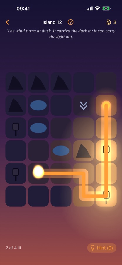 An island mid-play, with light spreading from the lit lanterns