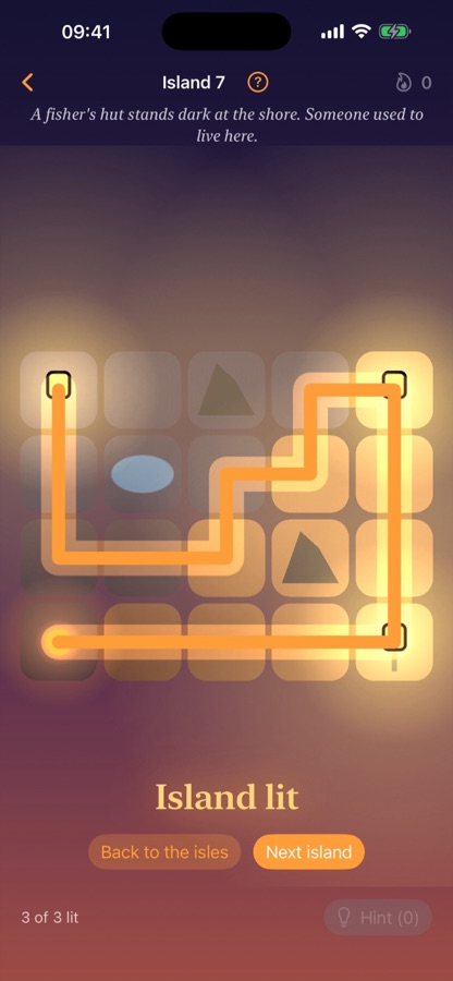 A solved island showing "Island lit"